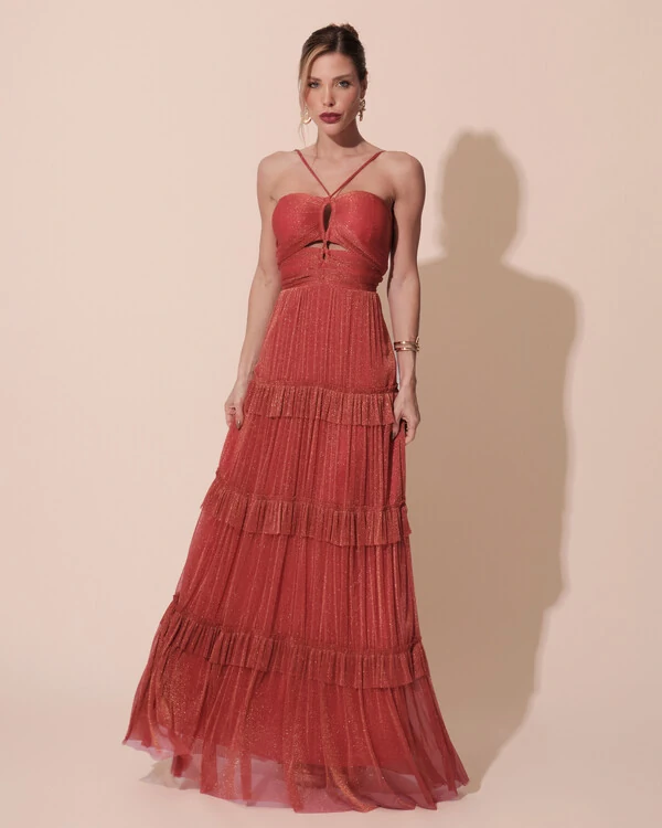 Vestido de Festa Longo Tule com Saia Babado Terracota