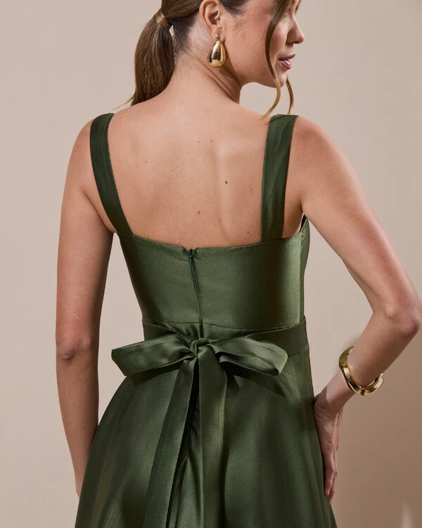 Vestido de Festa Longo Zibeline com Fenda e Faixa Verde Oliva New