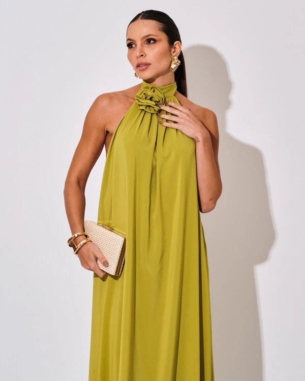 Vestido Longo Crepe Chiffon Frente Única Fluido Flor Removível Verde Lima