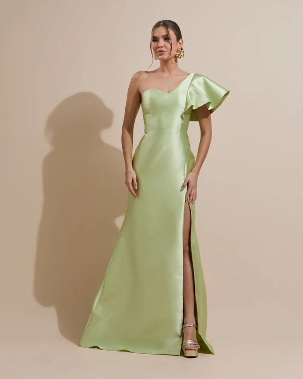 Vestido de Festa Longo um Ombro Tomara que Caia Zibeline Verde Lima New