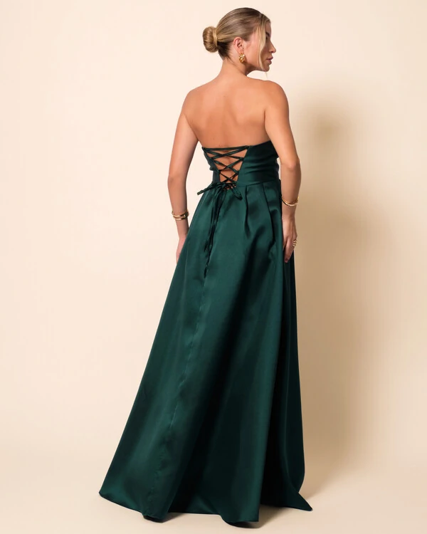 Vestido de Festa Longo Tomara que Caia Trançado Costa em Zibeline Verde Escuro