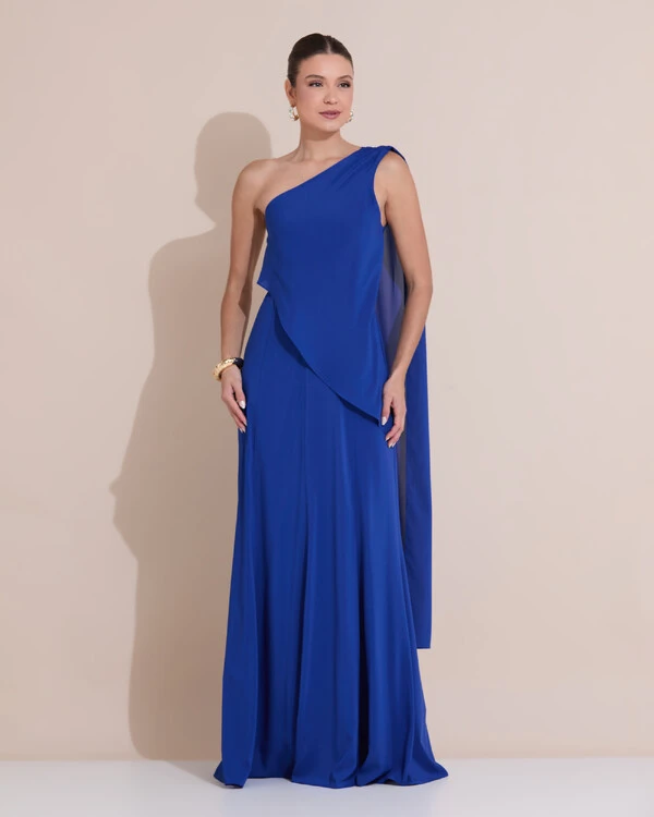Vestido de Festa Longo Um Ombro Só Crepe Chiffon Lenço Azul Royal