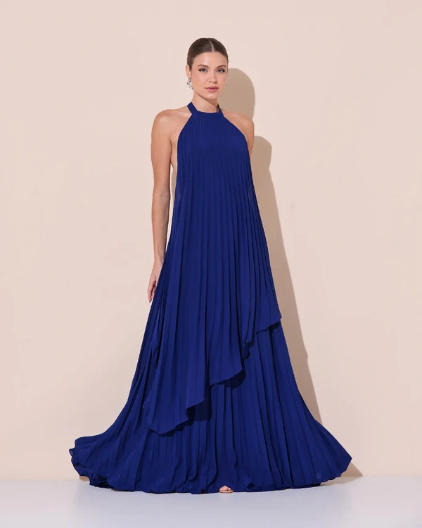Vestidos de Festa Longo Chiffon Fluido Frente Única Plissado Duplo Azul Marinho