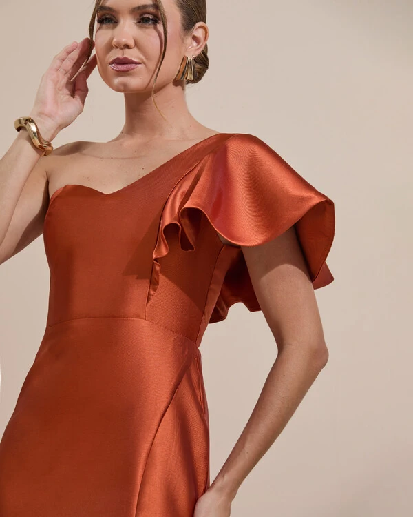Vestido de Festa Longo um Ombro Tomara que Caia Zibeline Terracota