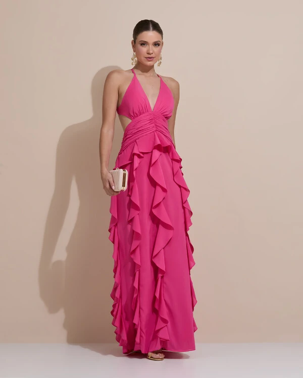 Vestido de Festa Longo Decote V Recortes Drapeado Crepe Chiffon Babados Cascata Pink New