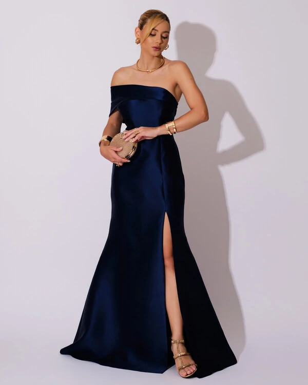 Vestido de Festa Zibeline com Faixa Ombro a Ombro Azul Marinho