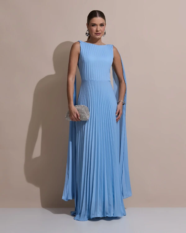 Vestido de Festa Longo Crepe Chiffon Plissado com Lenço nas Alças Serenity