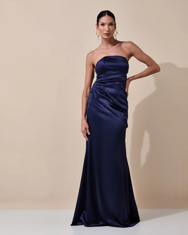Vestido de Festa Longo Tomara que Caia Cetim Alfaiataria Drapeado Lenço Azul Marinho