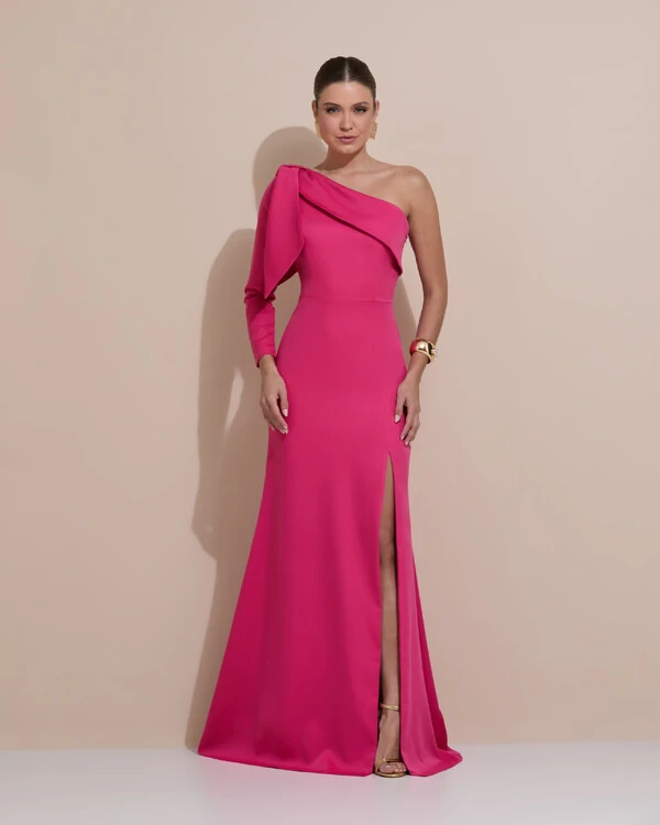 Vestido de Festa com Laço de Um Ombro em Alfaiataria Fenda Pink