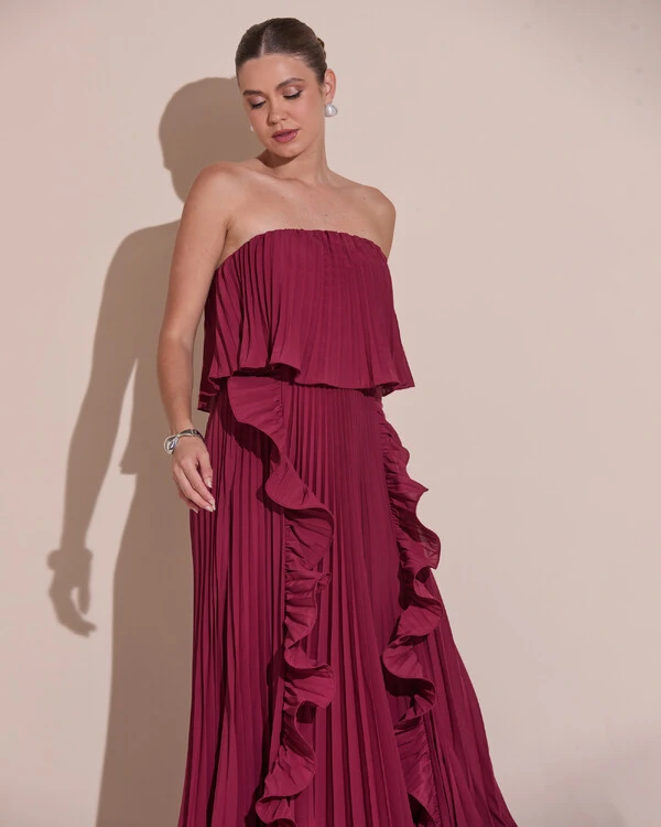 Vestido de Festa Longo Crepe Chiffon Tomara que Caia Plissado com Babado Cascata Marsala New