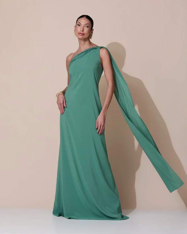 Vestido de Festa Longo Crepe Chiffon Um Ombro Só Drapeado Verde Matcha Escuro