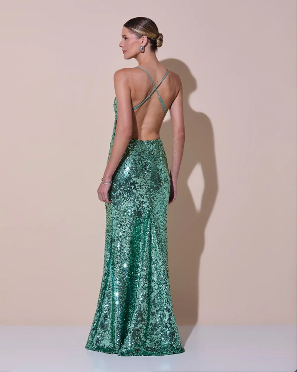 Vestido de Festa Longo Decote V Paetê Alças Finas Saia Sereia Verde Menta