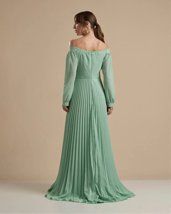 Vestido de Festa Longo Crepe Chiffon Plissado Ombro a Ombro Verde Menta