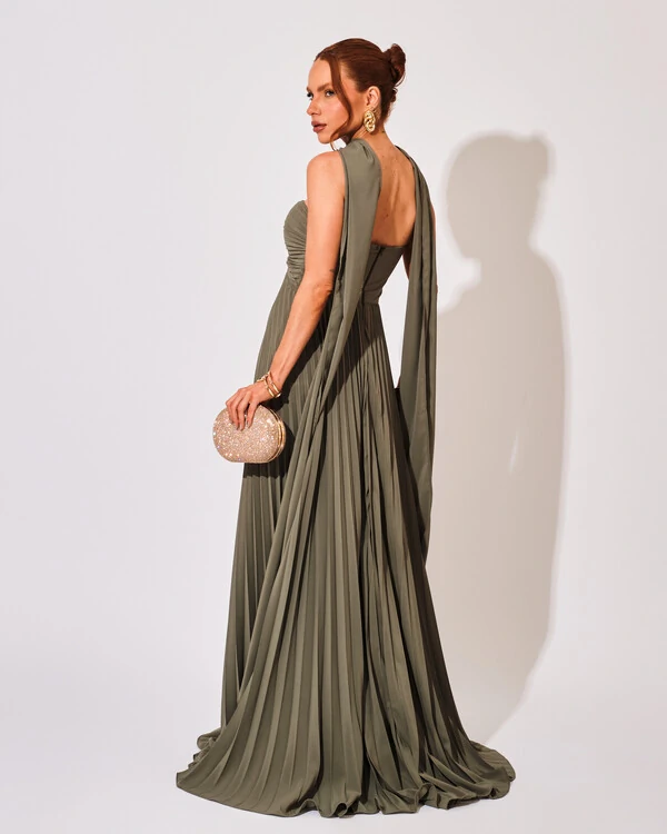 Vestido de Festa Longo Tomara que Caia Plissado com Lenço Verde Oliva