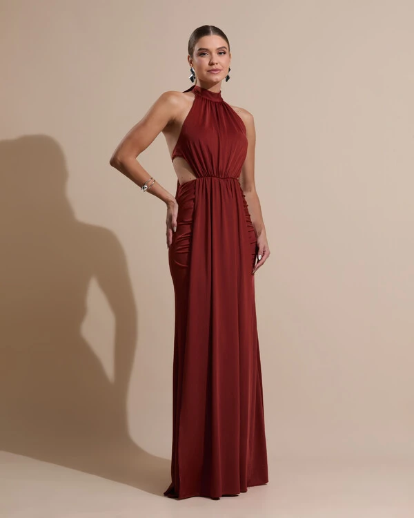 Vestido de Festa Longo Malha Jersey Gola Alta Saia Sereia Terracota