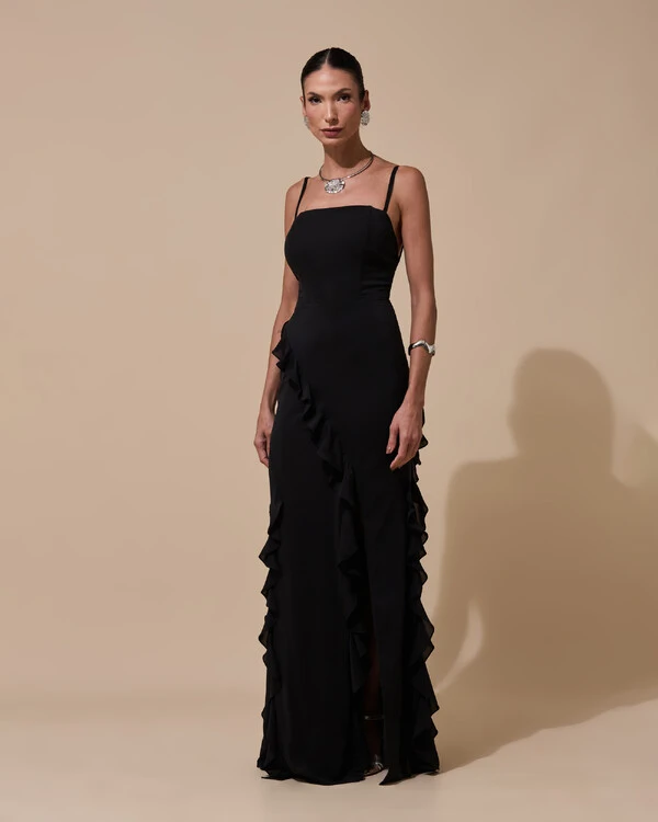 Vestido de Festa Longo Alças Finas Crepe Chiffon Babado Cascata Fenda Costas V Preto