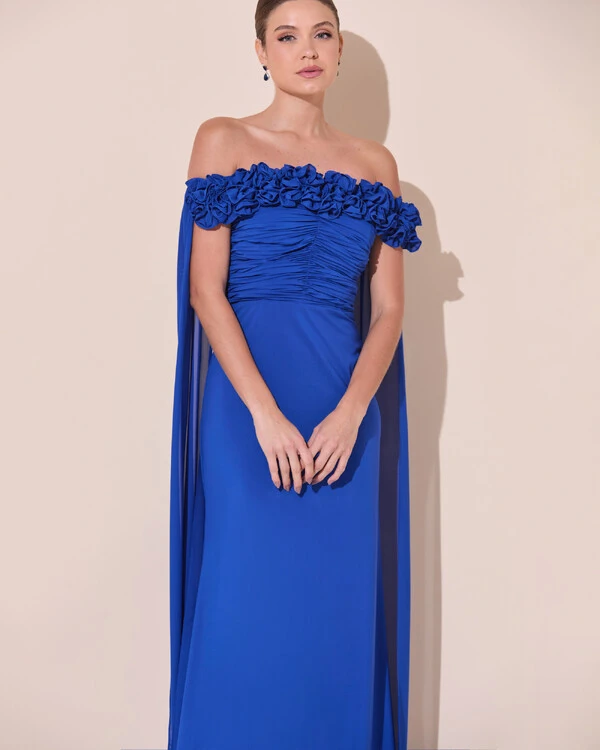 Vestido de Festa Longo Ombro a Ombro Plissado Crepe Chiffon Capa Flor 3D Azul Royal