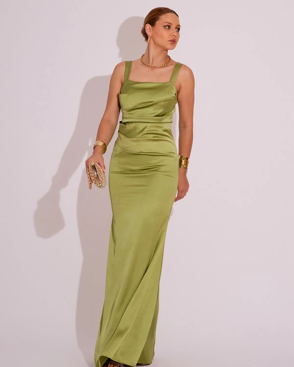 Vestido Longo de Festa Cetim Alfaiataria Drapeado Sereia Verde Lima