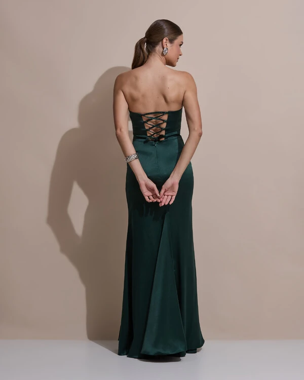 Vestido De Festa Longo Tomara Que Caia Drapeado Cetim Alfaiataria Trançado Costas Verde Escuro