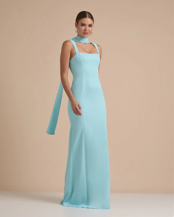 Vestido de Festa Longo Alfaiataria Alça Larga e Lenço Tiffany