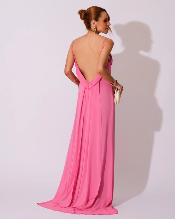 Vestido de Festa Longo Crepe Chiffon Costas Lenço Cauda Rosa