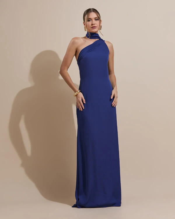 Vestido de Festa Longo Crepe Chiffon Um Ombro Só Drapeado Azul Marinho