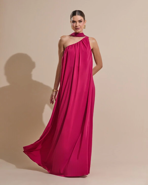 Vestido de Festa Longo Crepe Fluido um Ombro Só com Lenço Cereja