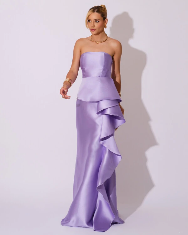 Vestido de Festa Longo Tomara que Caia Babado Cascata Lilás