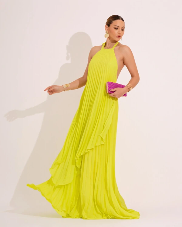 Vestidos de Festa Longo Chiffon Fluido Frente Única Plissado Duplo Verde Lima