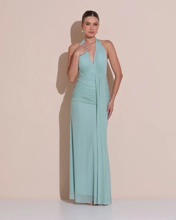 Vestido de Festa Longo Frente Única Decote V Tule Drapeado Faixa Verde Menta