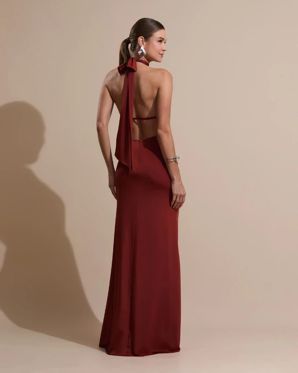 Vestido de Festa Longo Malha Jersey Gola Alta Saia Sereia Terracota