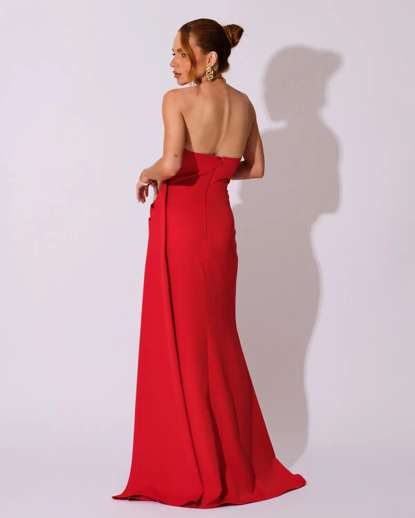 Vestido de Festa Longo Alfaiataria Tomara que Caia Drapeado Faixa Vermelho