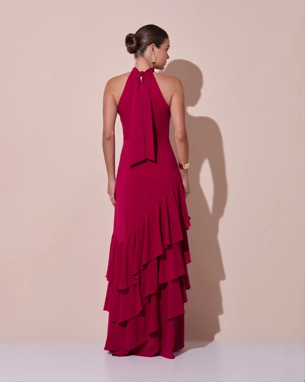 Vestido de Festa Longo Chiffon Crepe Gola Alta Babados Cereja