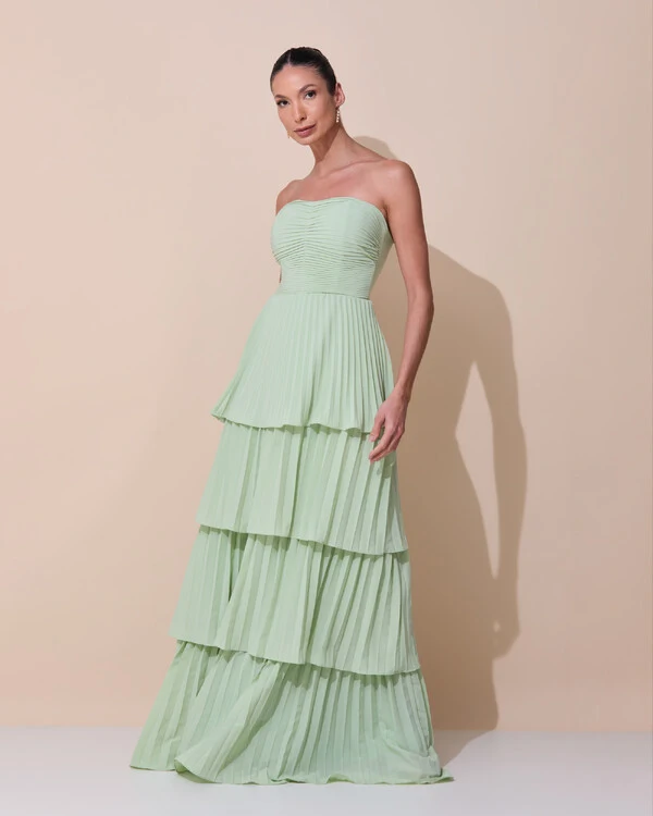 Vestido de Festa Longo Tomara que Caia Crepe Chiffon Plissado Camadas Verde Menta New