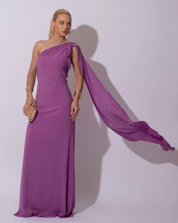 Vestido de Festa Longo Crepe Chiffon Um Ombro Só Drapeado Lenço Fixo Fúcsia