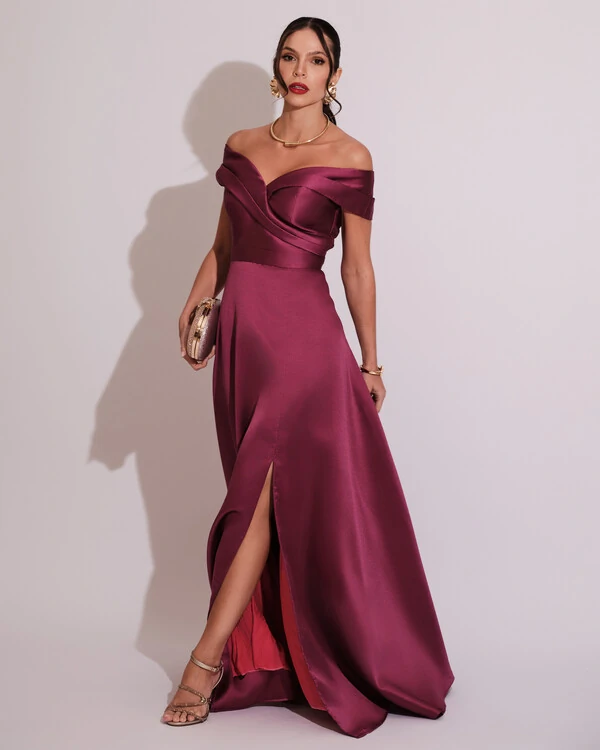 Vestido de Festa Longo Zibeline Ombro a Ombro com Fenda Fúcsia