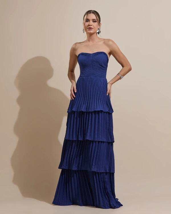 Vestido de Festa Longo Tomara que Caia Crepe Chiffon Plissado Camadas Azul Marinho