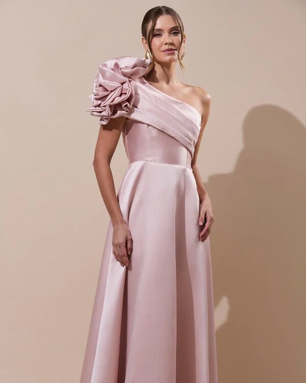 Vestido de Festa Longo Zibeline um Ombro Só Flor Drapeado Rosa Nude