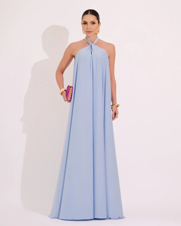 Vestido Longo com Amarração em Malha Azul Claro