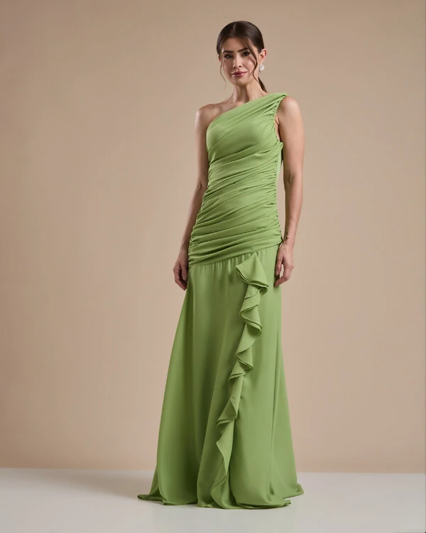 Vestido de Festa Longo Crepe Chiffon Um Ombro Só Drapeado com Babado Cascata Verde Garden