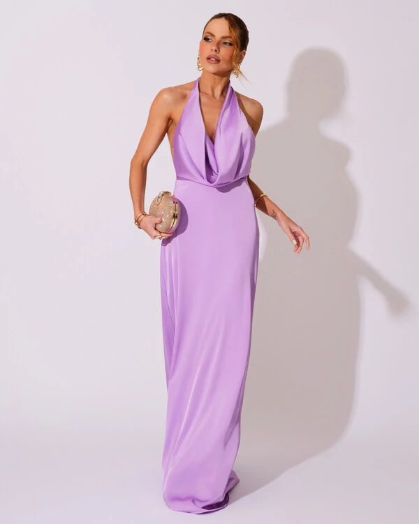 Vestido de Festa Longo Frente Única Degagê Cetim Fluido Lilás