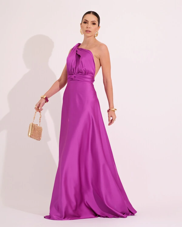 Vestido Longo Cetim Fluído Mil Formas Fúcsia