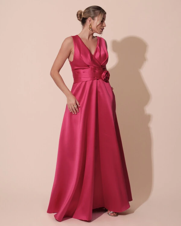 Vestido de Festa Longo Plus Size Zibeline Faixa e Flor Pink New