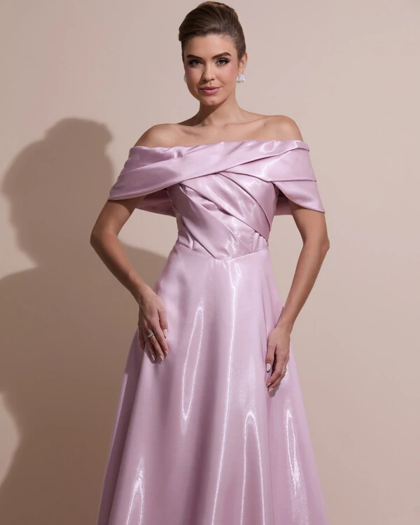 Vestido de Festa Longo Cetim Cristal Ombro a Ombro Drapeado Rosa