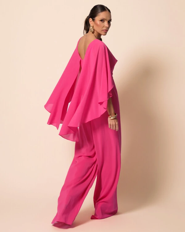 Macacão de Festa Longo Crepe Chiffon com Capa Pink New