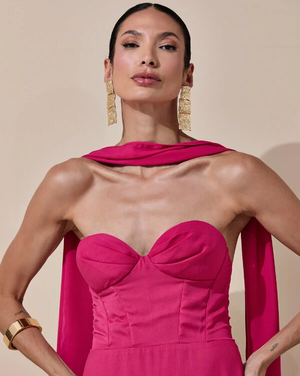 Vestido de Festa Longo Tomara que Caia Crepe Chiffon Decote Coração Lenço Pink Escuro