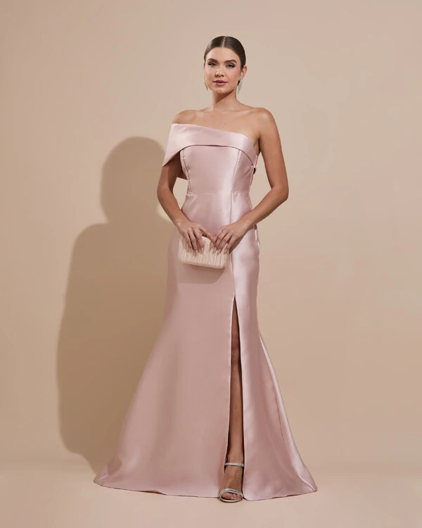 Vestido de Festa Zibeline com Faixa Ombro a Ombro Rosa Nude