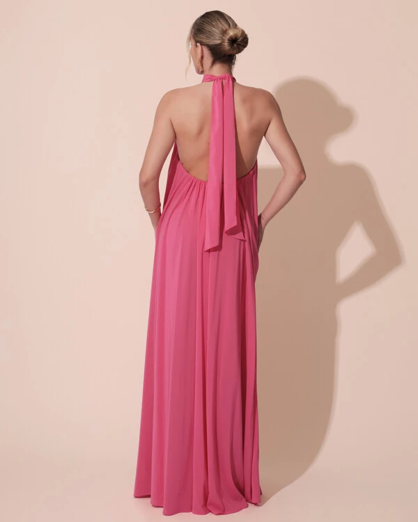 Vestido Longo Crepe Chiffon Frente Única Fluido Flor Removível Pink Claro
