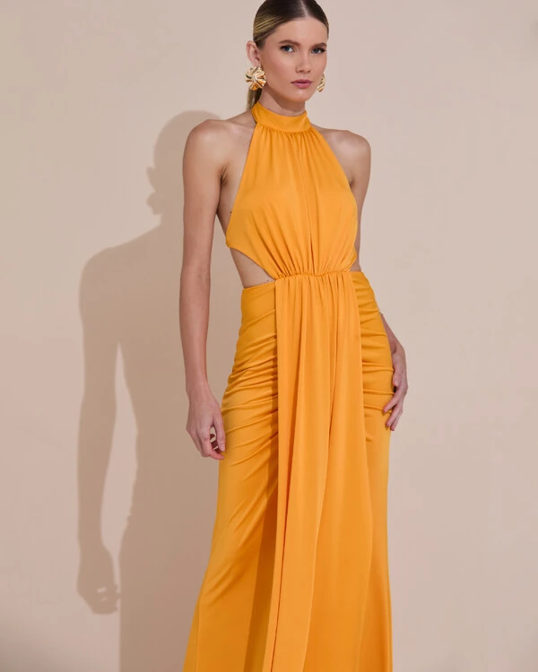 Vestido de Festa Longo Malha Jersey Gola Alta Saia Sereia Laranja Manga New