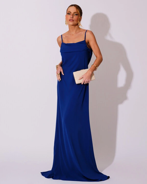 Vestido de Festa Longo Crepe Chiffon Costas Lenço Cauda Azul Royal